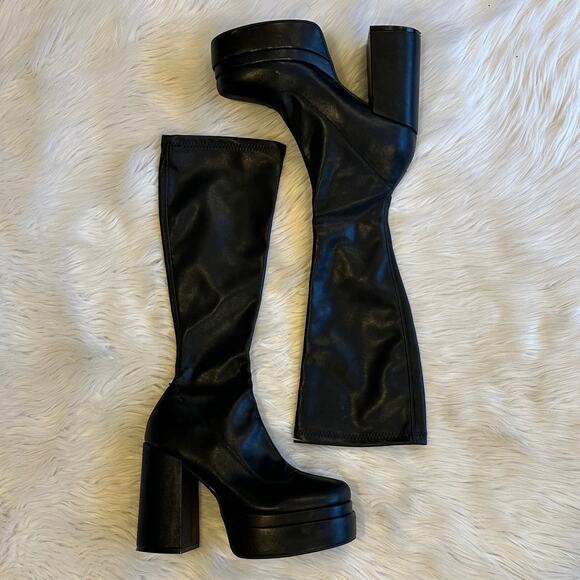 Steve Madden Ella Boots Knee High Platform Faux Leather Block Heeled. Black - Picture 4 of 13